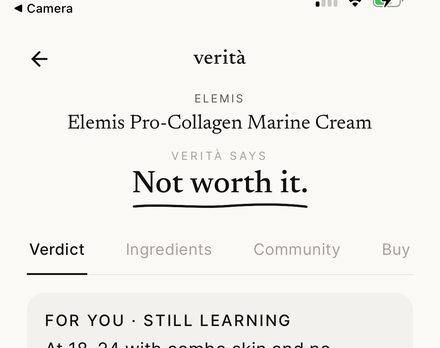 Real Verità verdict screen: Elemis Pro-Collagen Marine Cream — Verità says: Not worth it.